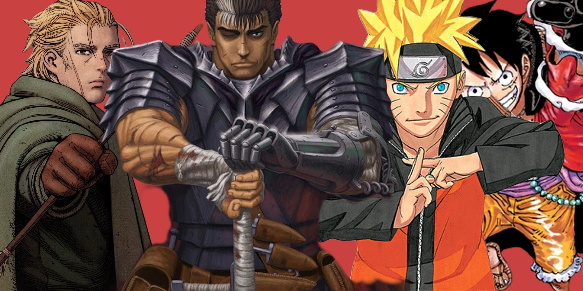 A collage style image of Thorfinn, Guts, Naruto and Luffy in front of a red background
