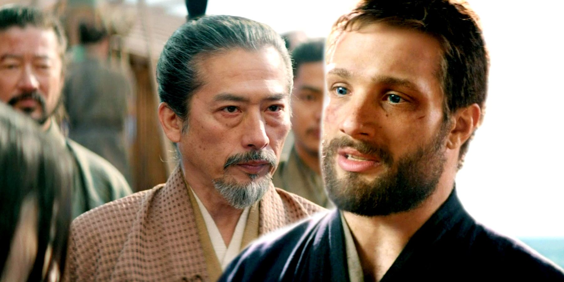 Lord Toranaga gives a stern look while John Blackthorne, in his black robe, talks in Shogun