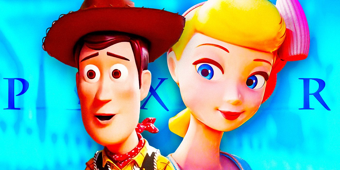 A custom image of Woody and Bo Peep from Toy Story against a background of the Pixar Logo