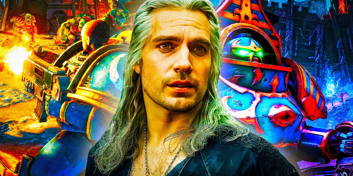 Imagery from Warhammer games with Henry Cavill as Geralt of Rivia from The Witcher