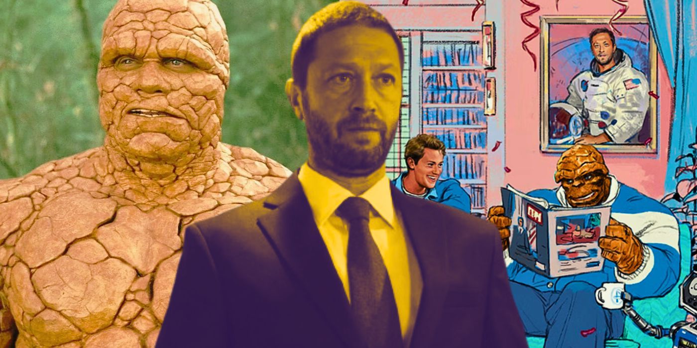Images of Michael Chiklis as The Thing in Fantastic Four, Ebon Moss-Bachrach wearing a suit in The Bear, and the poster for Marvel's Fantastic Four featuring The Thing reading a magazine