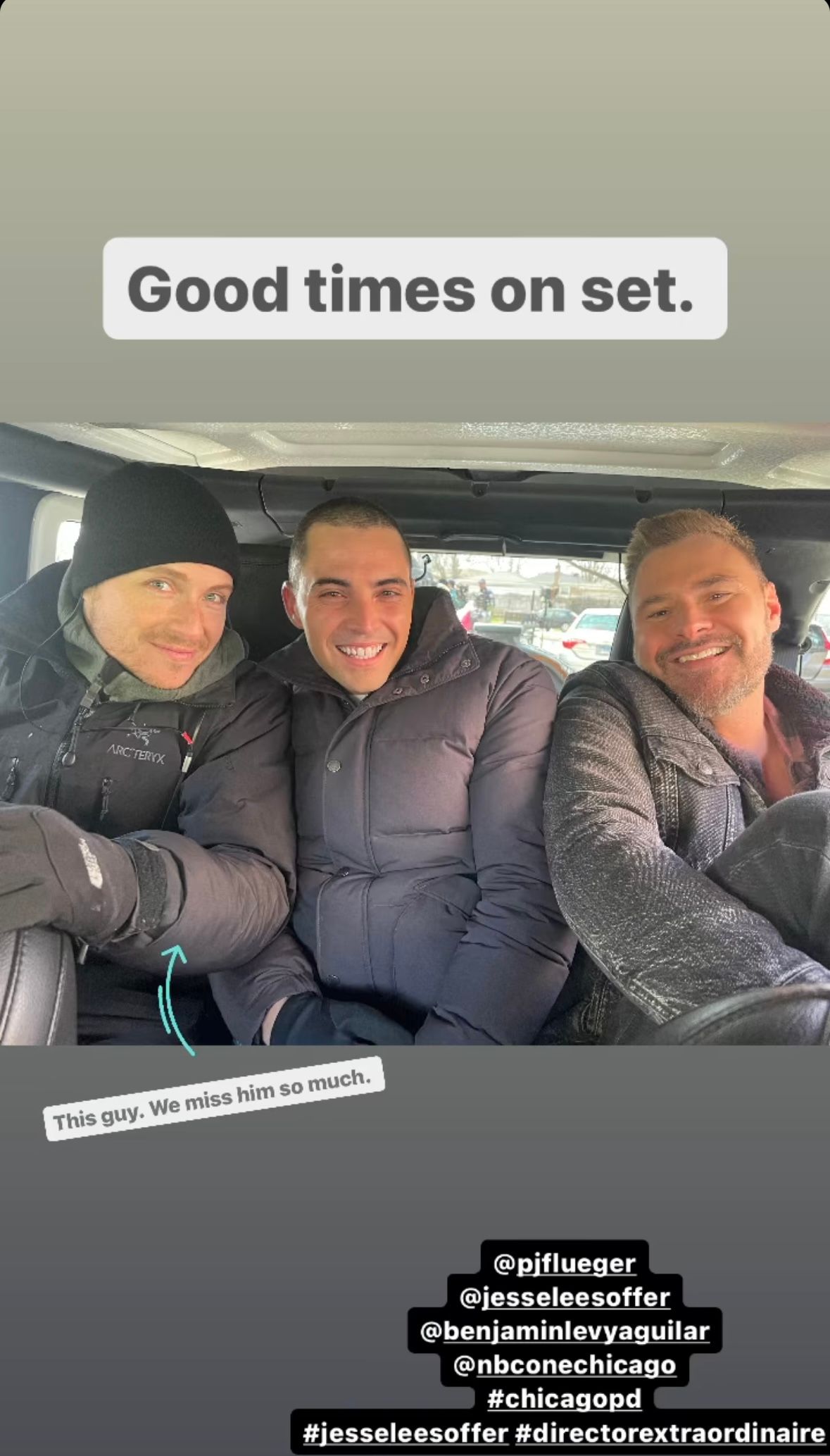 Jesse Lee Soffer, Benjamin Levy Aguilar, and Patrick Fleuger on the set of Chicago PD season 11
