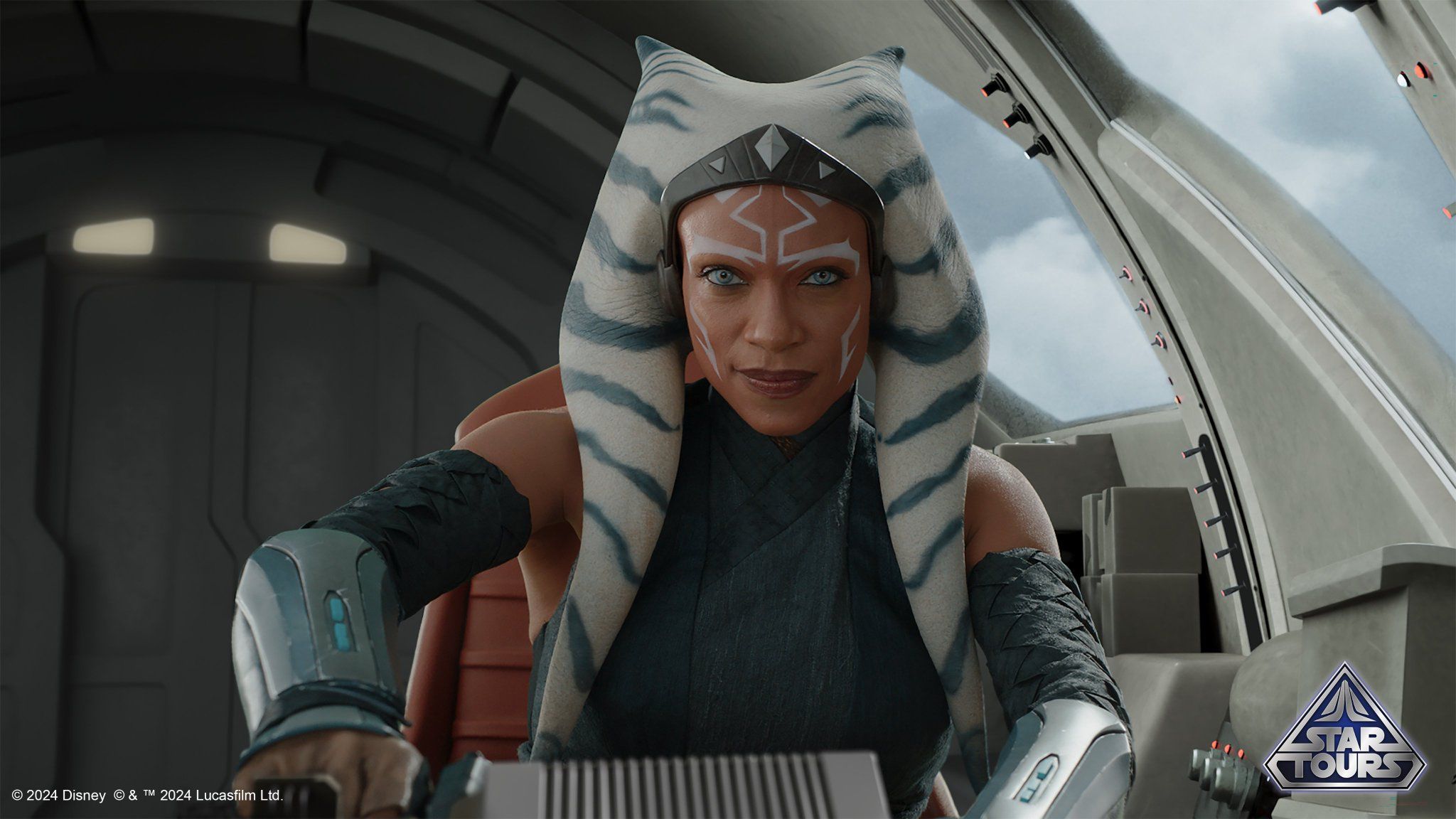 Ahsoka Tano focuses as she pilots her vessel in a new still from Star Tours - The Adventures Continue - This massively expands the story of Star Wars - The Adventures Continue, as Disney shares that
