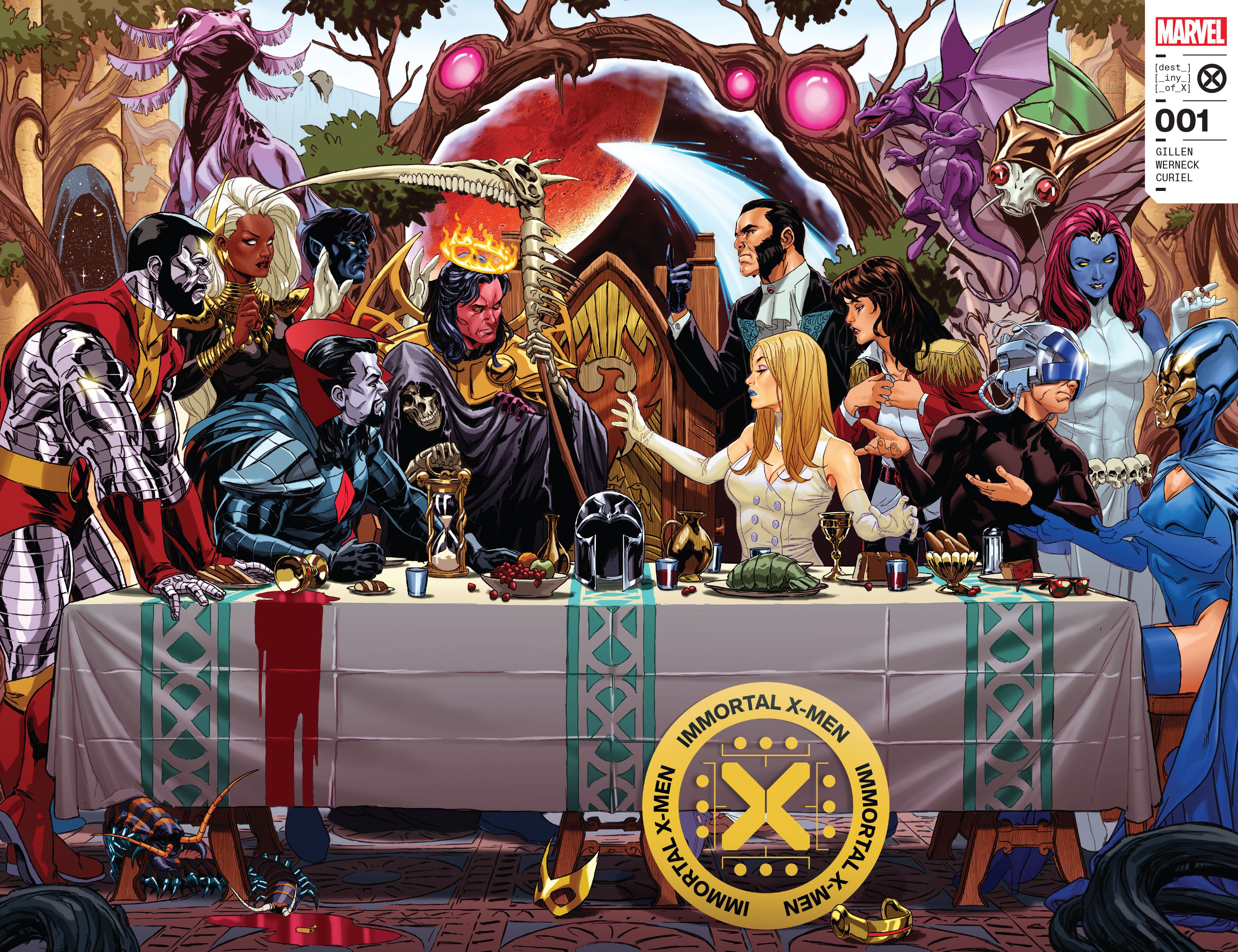 Mark Brooks' wraparound cover to Immortal X-Men #1, featuring Last Supper-esque dinner scene