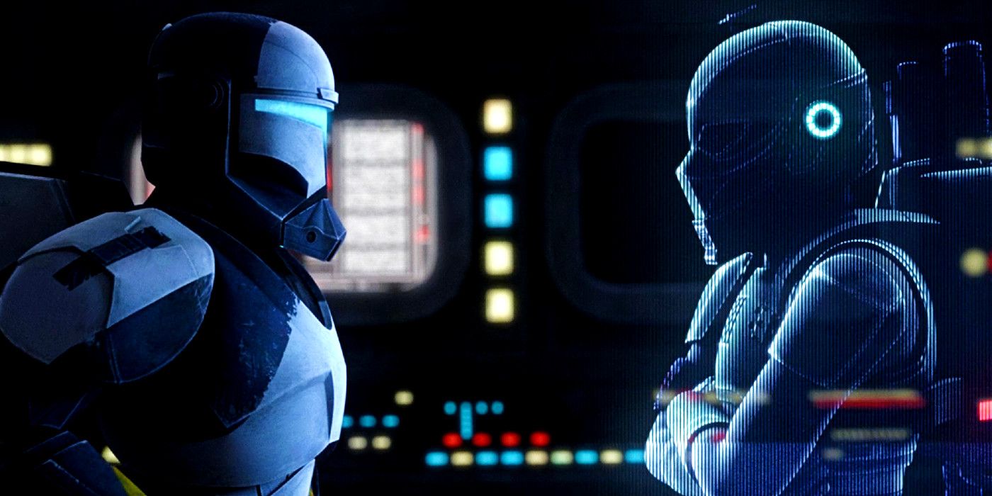 An Imperial commando giving a shadow trooper orders via hologram in Star Wars: The Bad Batch season 3, episode 6 