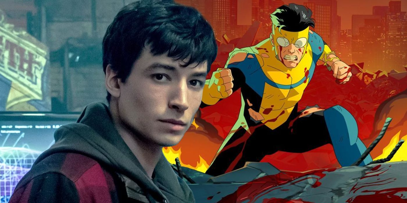 The poster for Invincible showing Mark bloodied next to Ezra Miller as Barry Allen in Justice League