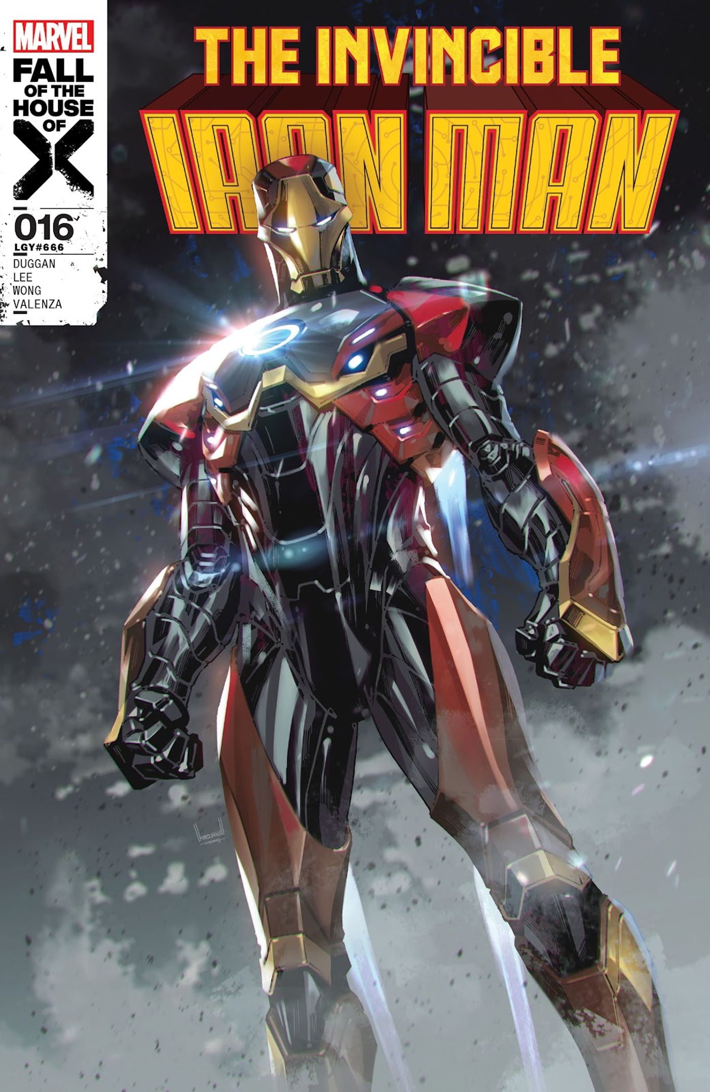 Na capa de Invincible Iron Man #16, o Homem de Ferro está em seu traje Sentinel Buster. 