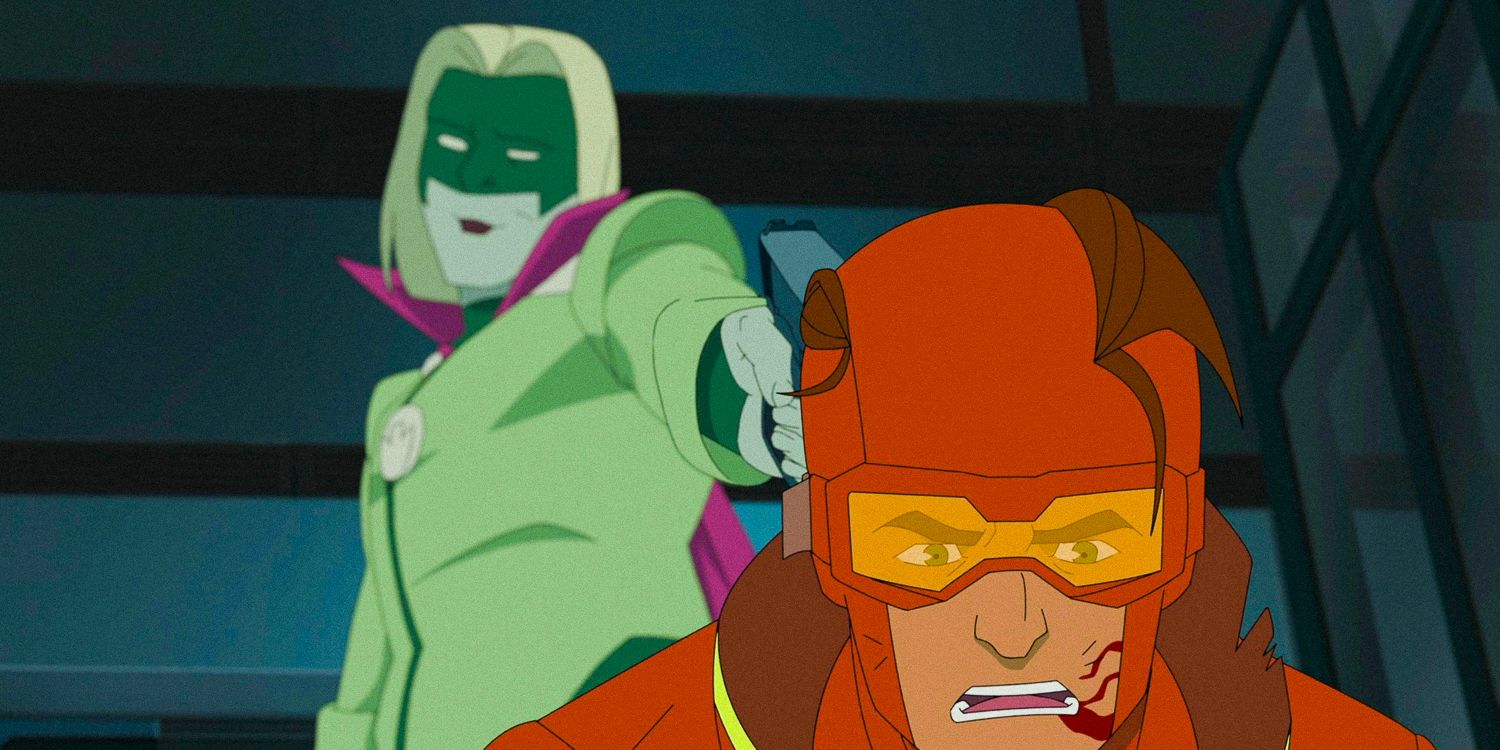 King Lizard aiming a gun from behind at Rex Splode&rsquo;s head in Invincible S2 Ep6