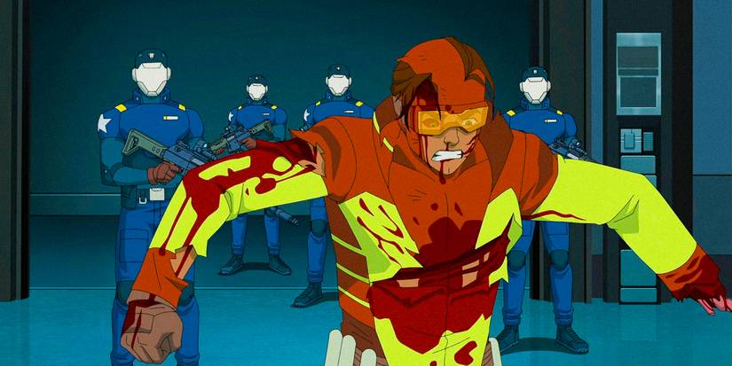 Rex Splode injured, with some tech troopers behind him in Invincible S2 Ep6