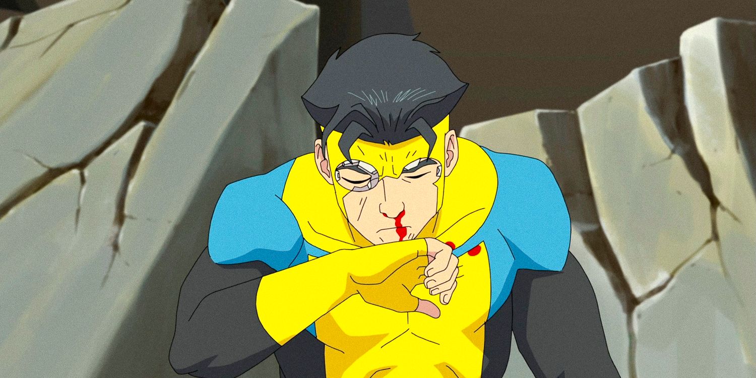   Invincible limpando o sangue do rosto no episódio 7 da 2ª temporada de Invincible