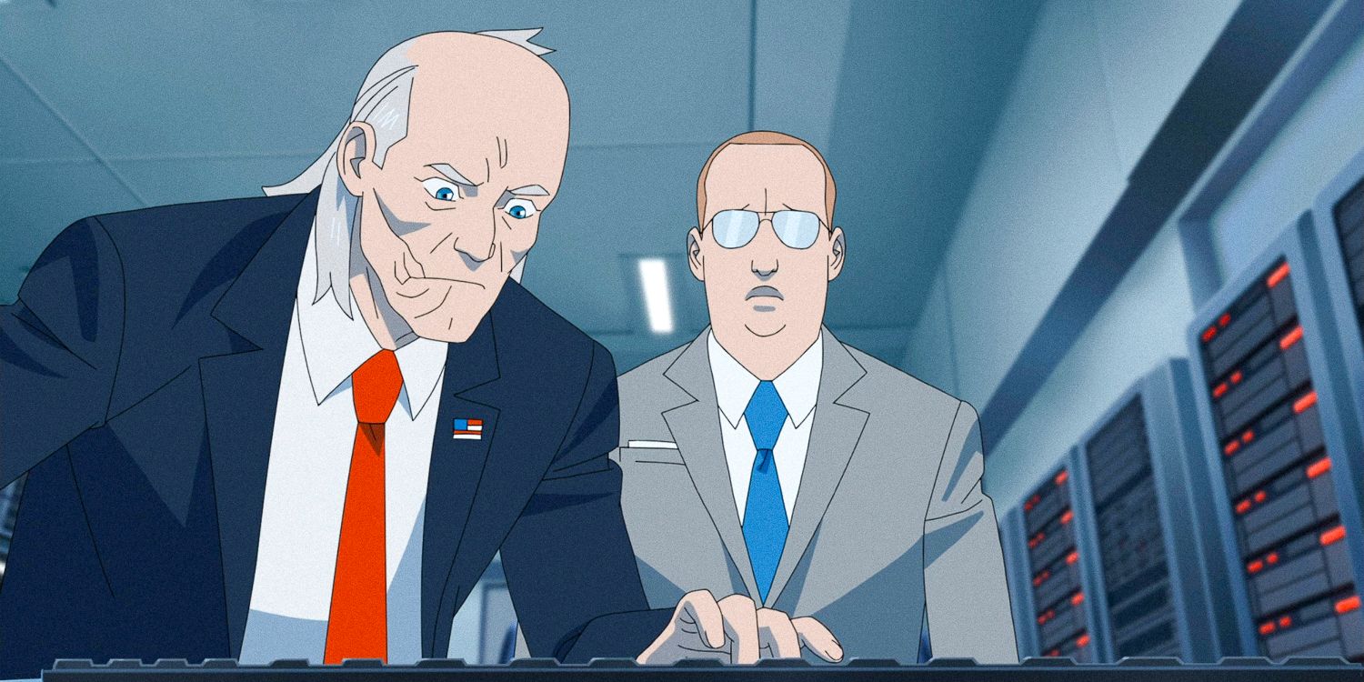 Cecil digitando em um computador com Donald atrás dele na segunda temporada de Invincible, episódio 7
