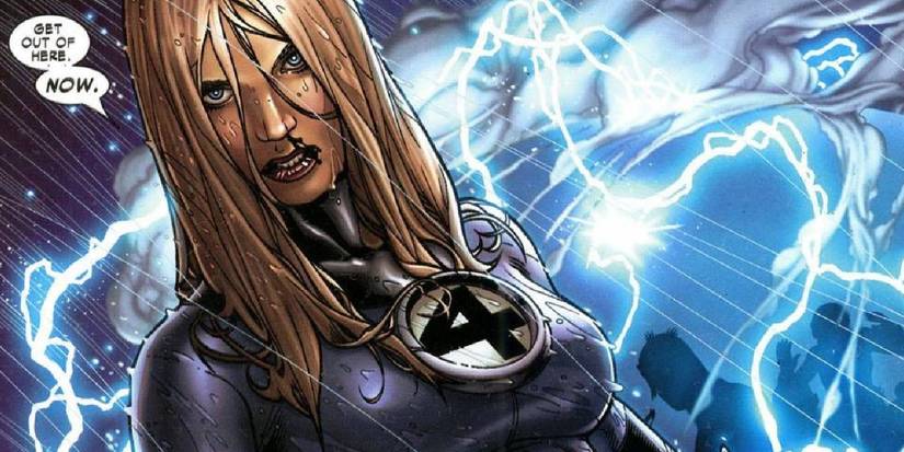 Comic book panel: invisible woman blocks thor's lightning with a force field bubble