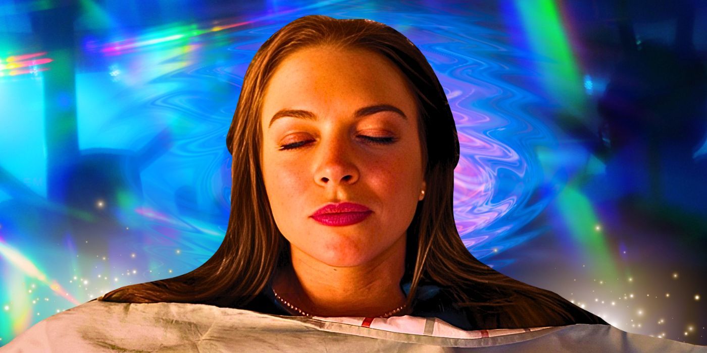 Irish Wish Lindsay Lohan as Maddie sleeping with a colorful water-like background