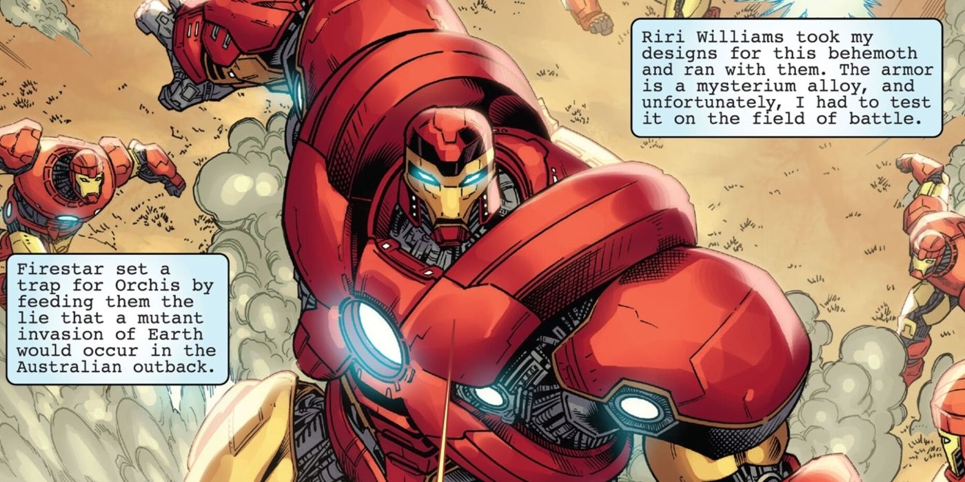 Iron Man challenging a horde of Sentinels with his Sentinel Buster.