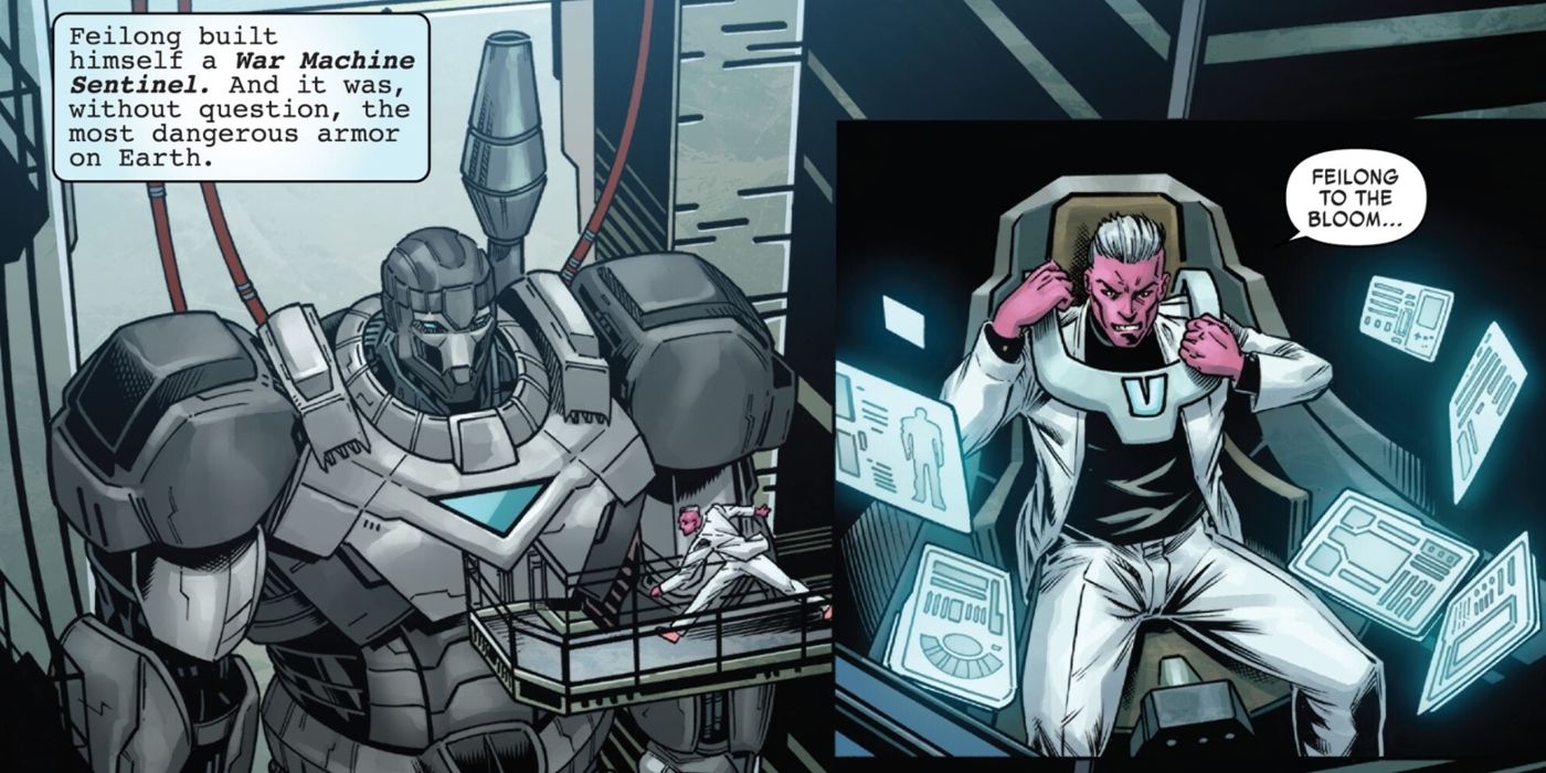 Feilong vestindo sua armadura War Machine Sentinel em Invincible Iron Man #15.