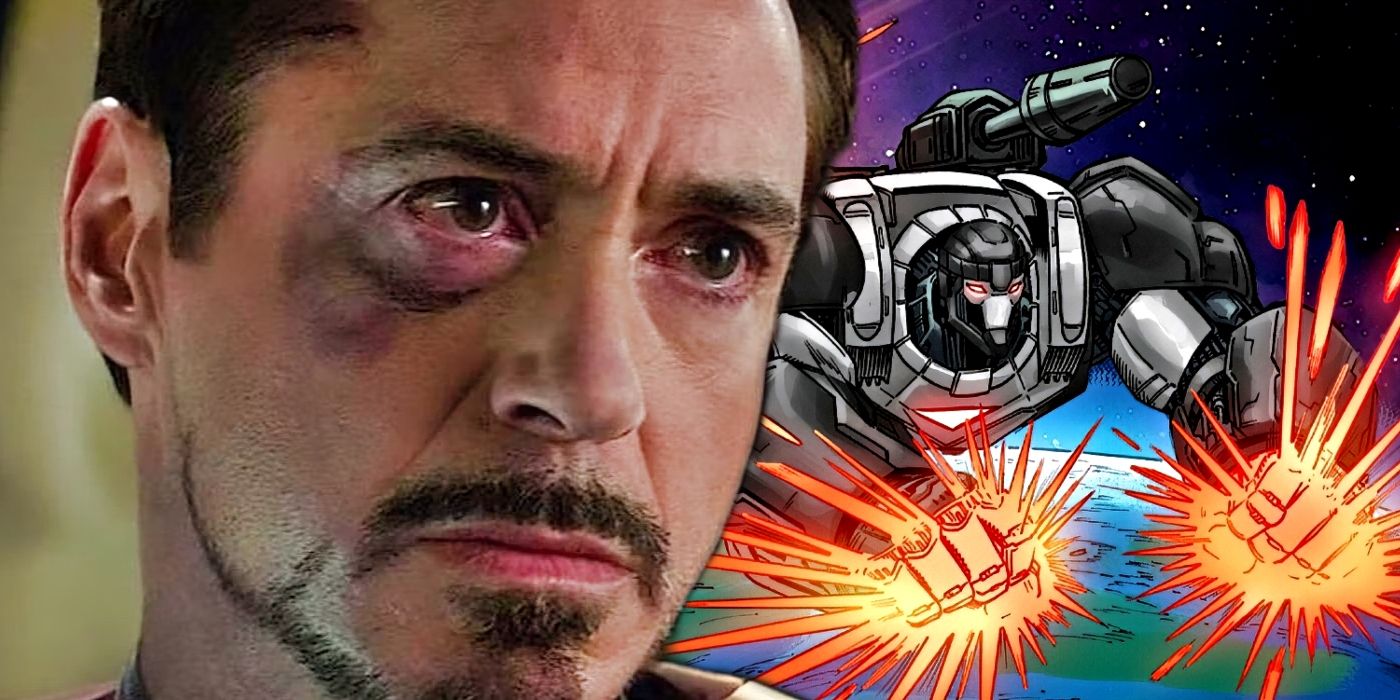 MCU's Tony Stark looking angrily at Feilong's War Machine Sentinel Armor.
