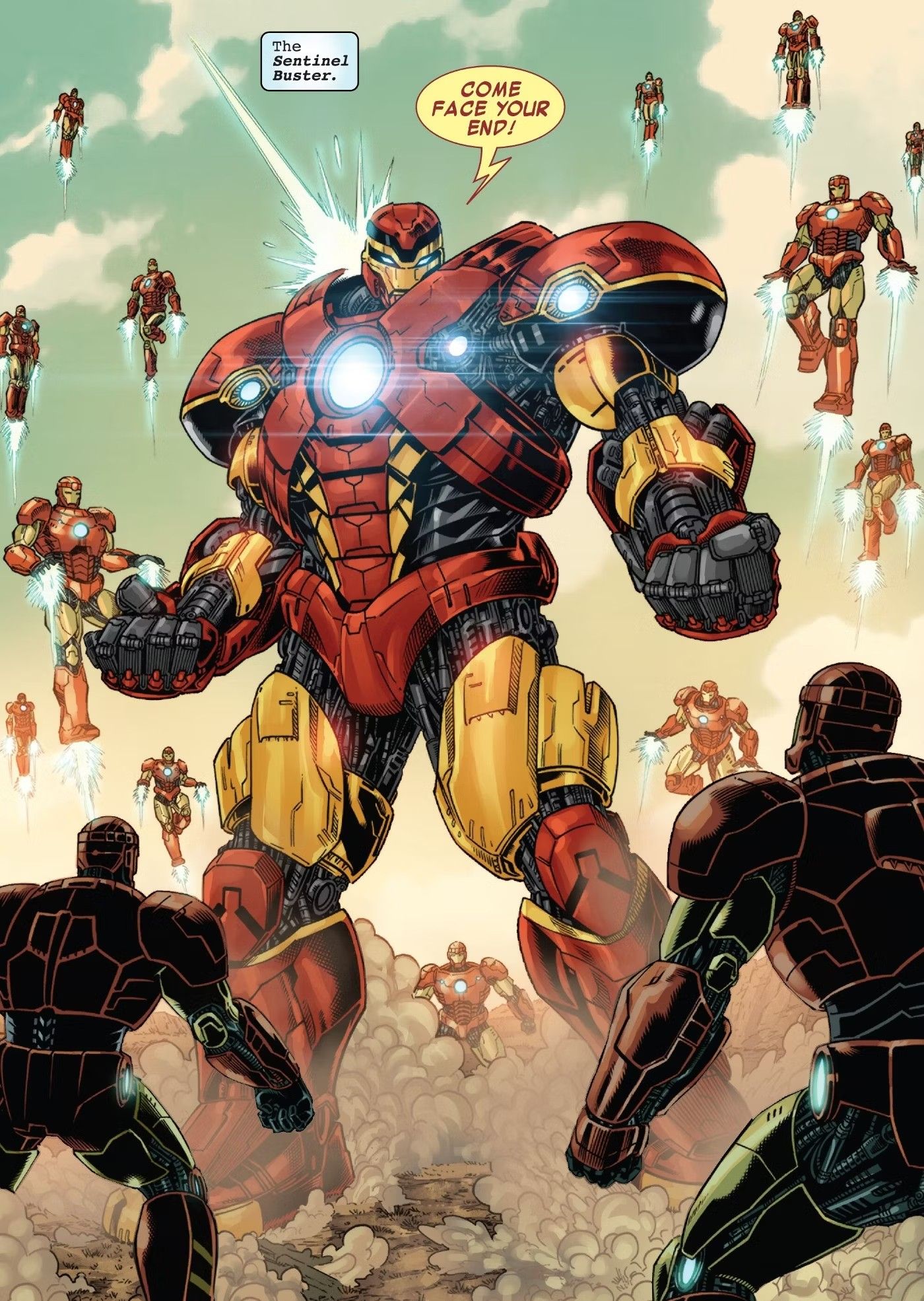 A armadura destruidora de sentinelas do Homem de Ferro estreia, enquanto Tony Stark luta contra um exército de sentinelas