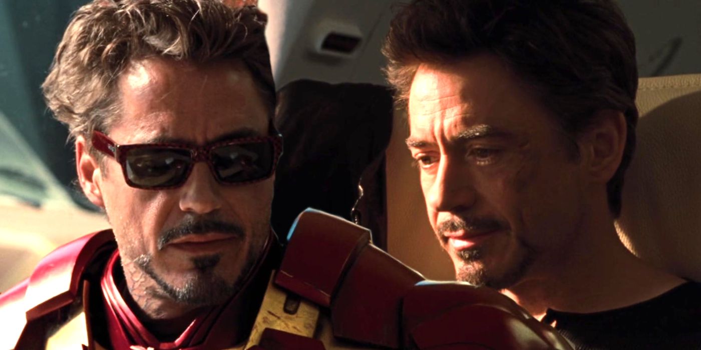 Split image of Robert Downey Jr. as Iron Man and Tony Stark in Iron Man 2
