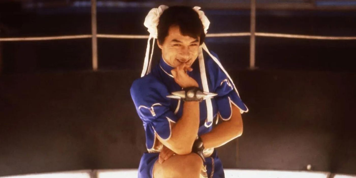 Jackie Chan as Ryo poses as Chun-Li in City Hunter.