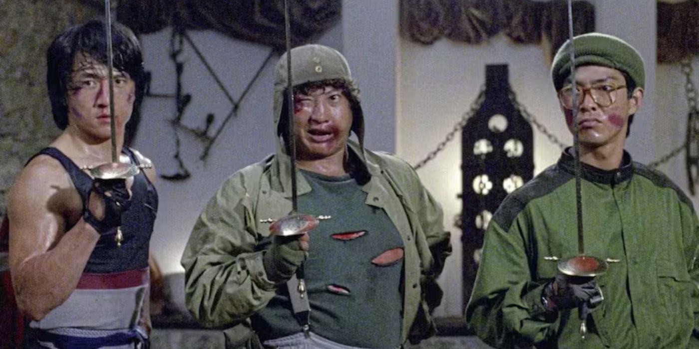 Jackie Chan as Sergeant Dragon Ma, Sammo Hung as Zhuo Yifei aka Fats, and Yuen Biao as Inspector Hong Tin-Tzu hold rapiers in Project A.