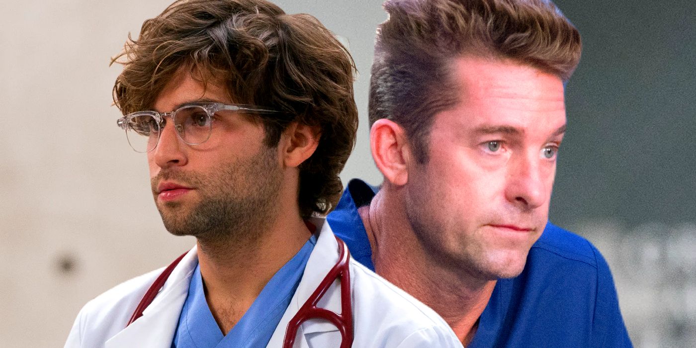 Jake Borelli and Nick Marsh look perturbed in a composite image from Grey's Anatomy