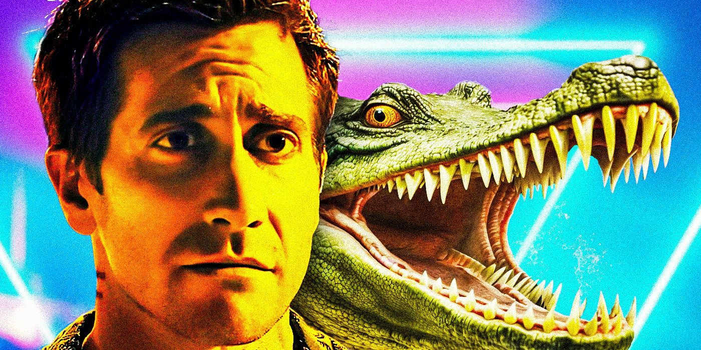 An image of Jake Gyllenhaal as Dalton in Road House (2024) layered over an image of a crocodile with its mouth open