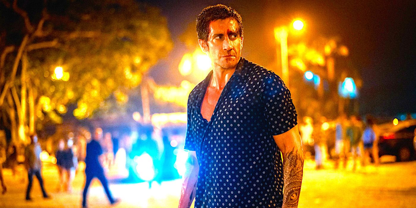 Bloodied Jake Gyllenhaal glares menacingly in a dramatic scene from Road House