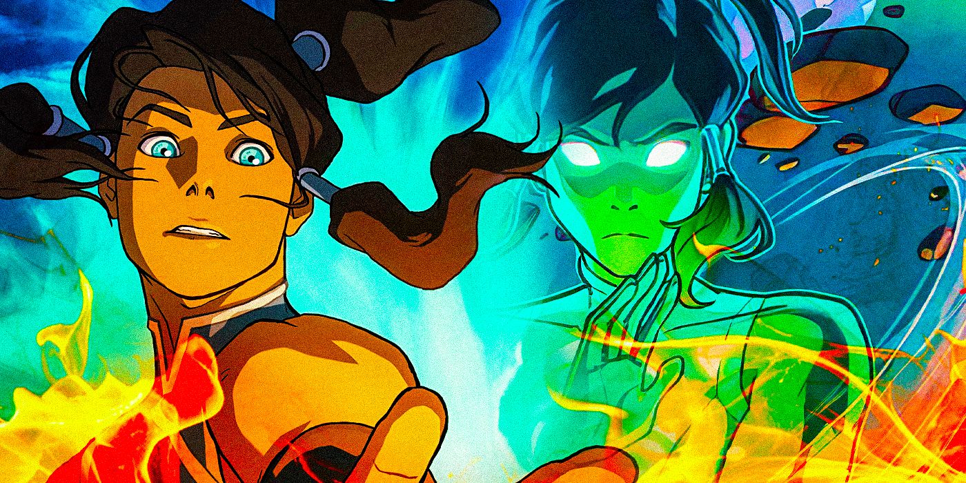 Collage of Avatar state Korra (voice of Janet Varney) and Korra firebending from The Legend of Korra
