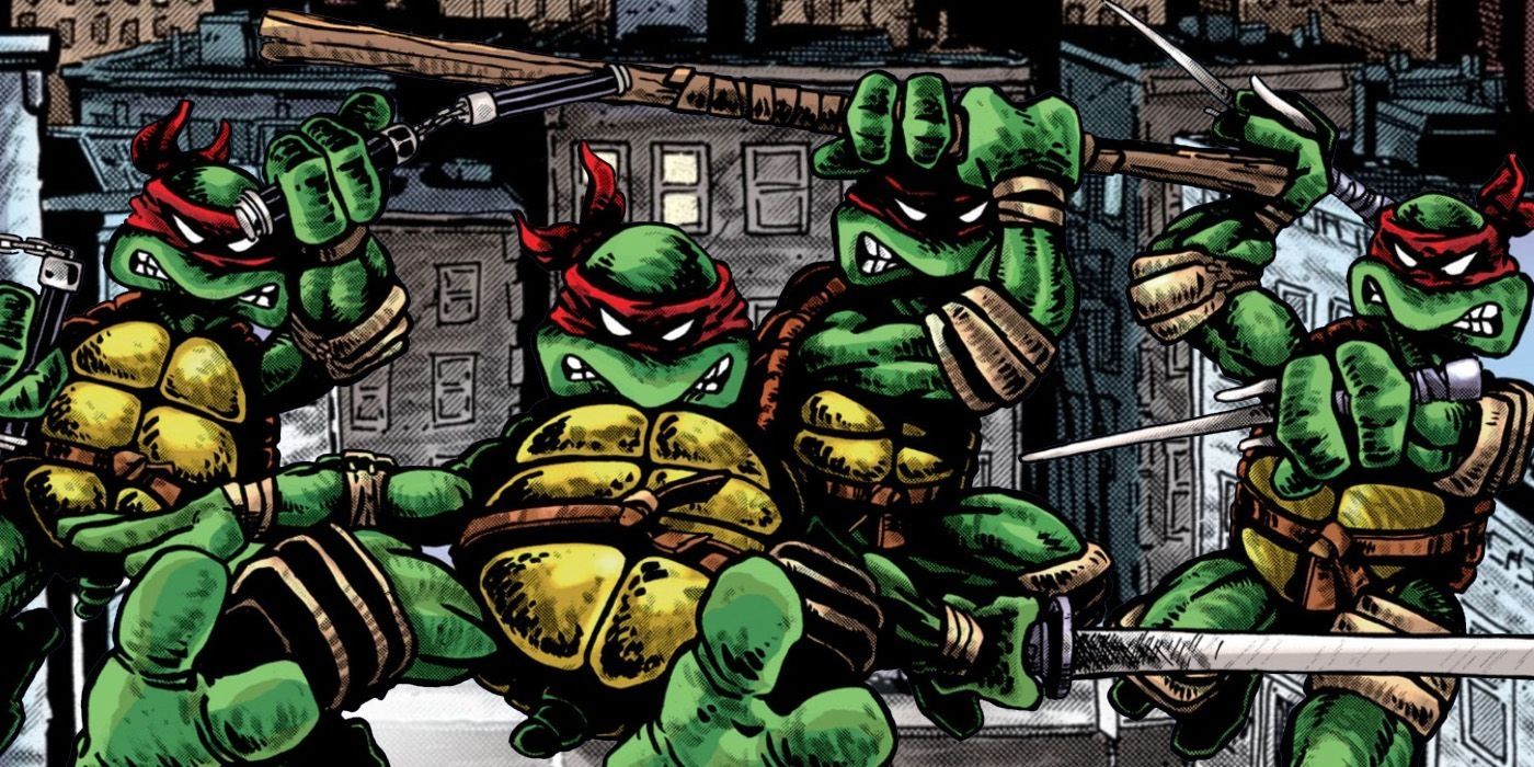 Original TMNT with red bandanas jumping into action.