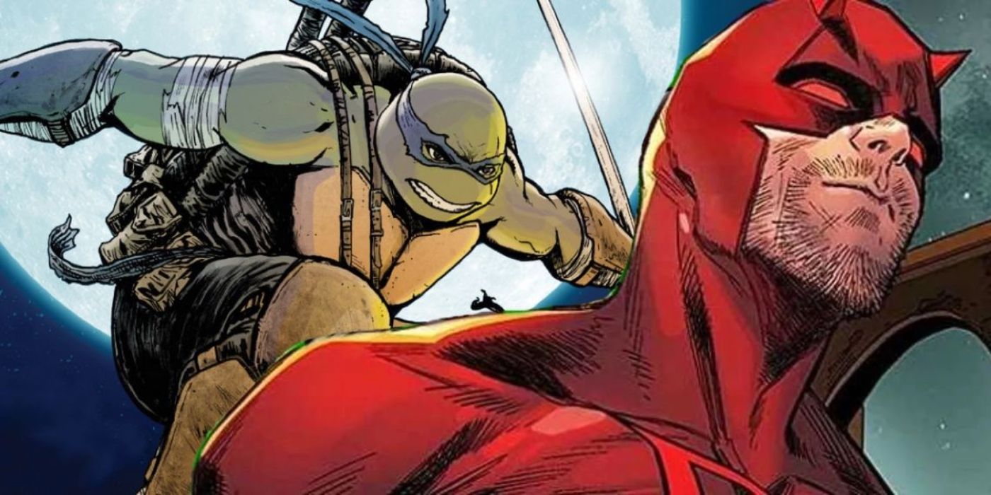 TMNT's Leonardo jumping behind Daredevil. 