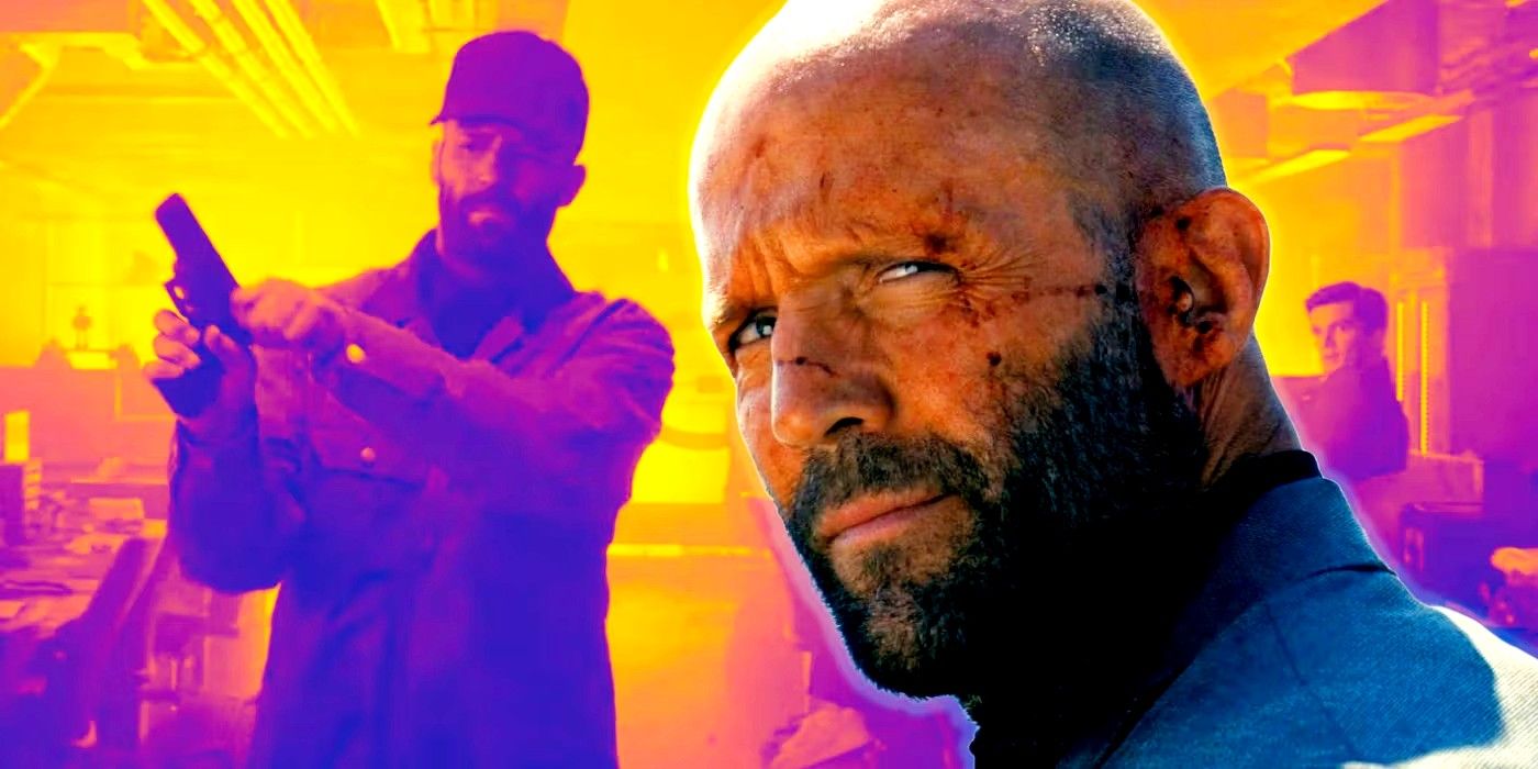 Jason Statham in The Beekeeper with one image showing him reloading his gun in orange and purple hue