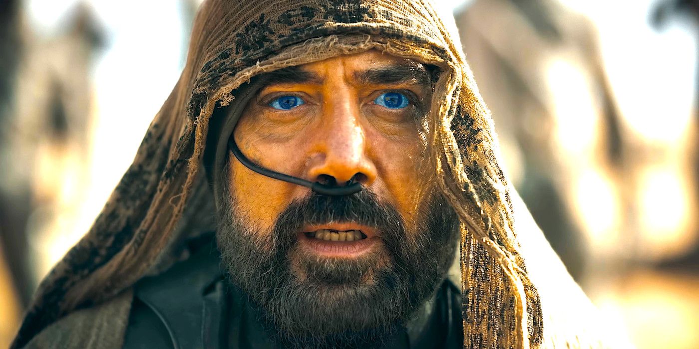 Javier Bardem as Stilgar looking on in astonishment in a scene while wearing his Fremen suit from Dune 2