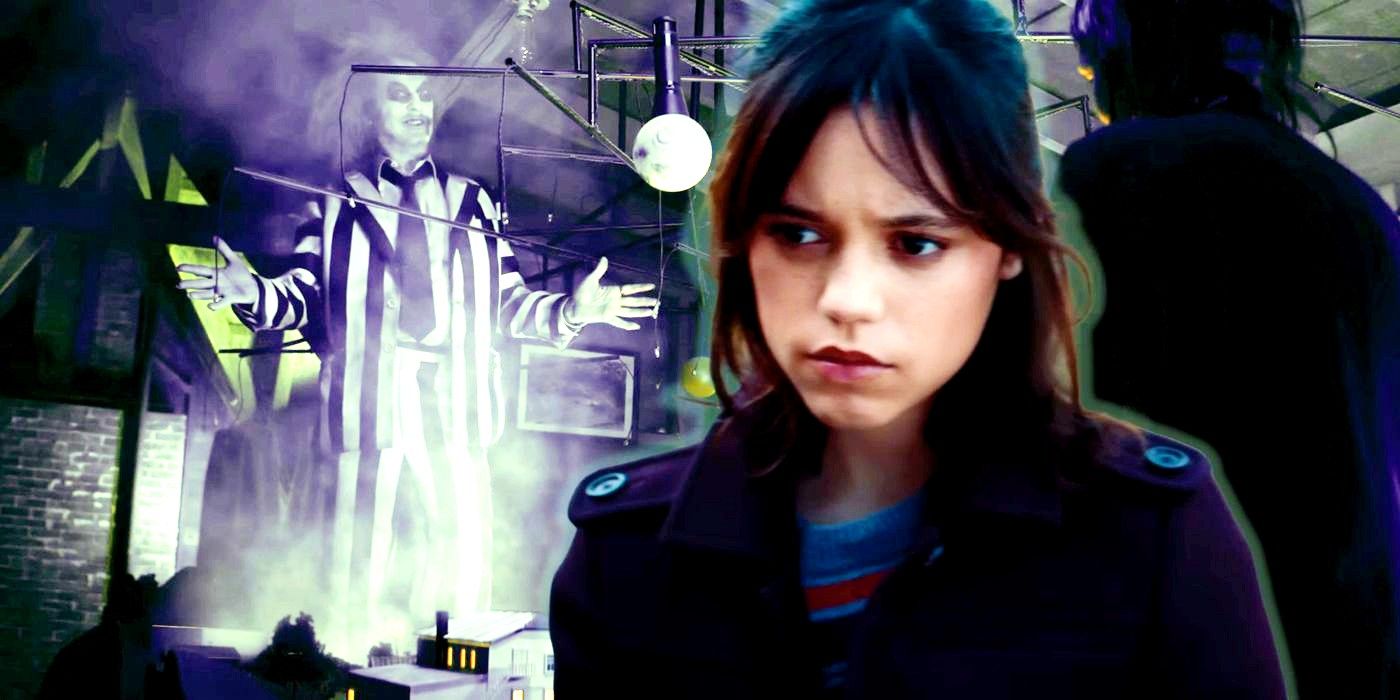 Jenna Ortega wearing a purple coat and Michael Keaton rising from the map in Beetlejuice 2 trailer