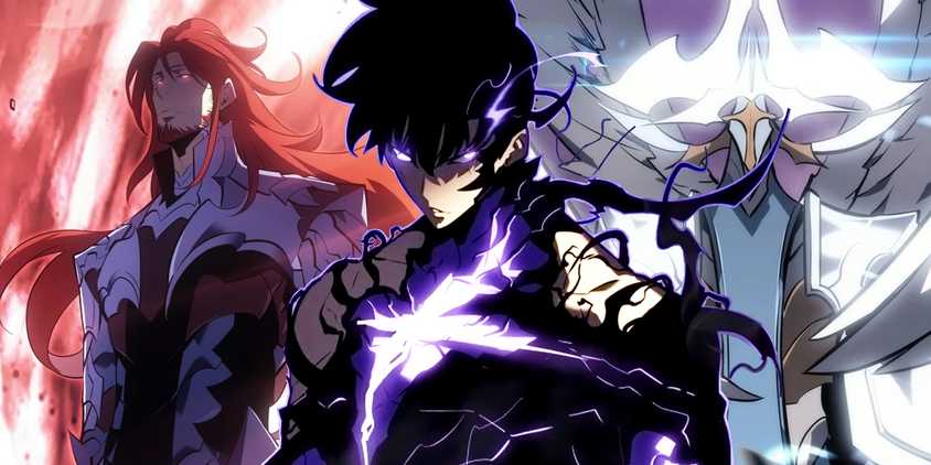 Jinwoo covered with shadows in the middle with Antares in human form to the left and a ruler to the right in solo leveling
