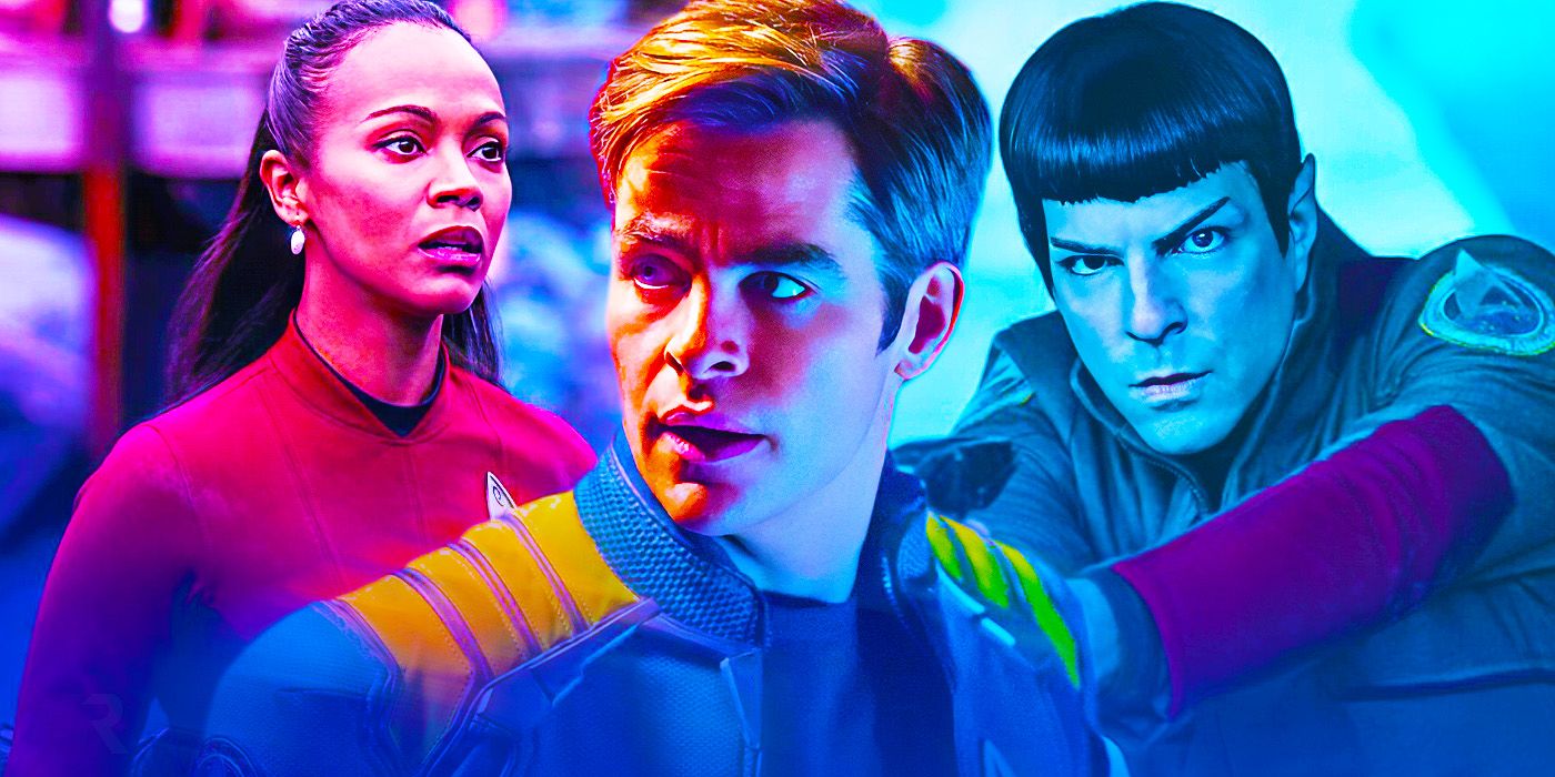Star Trek, J.J. Abrams movies. Chris Pine as Captain James T. Kirk, Zoe Saldana as Nyota Uhura, Zachary Quinto as Spock.