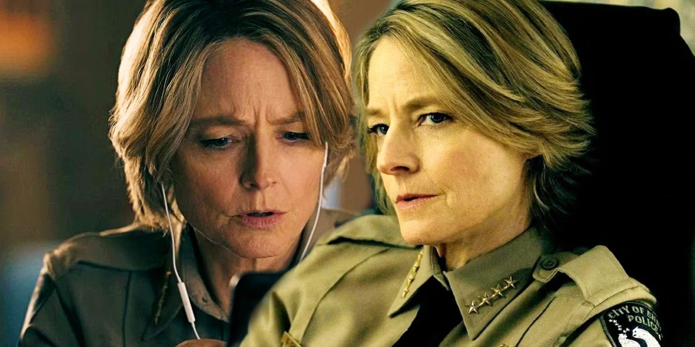 Jodie Foster looking at a phone with earbuds in and Jodie Foster looking concerned in True Detective Night Country