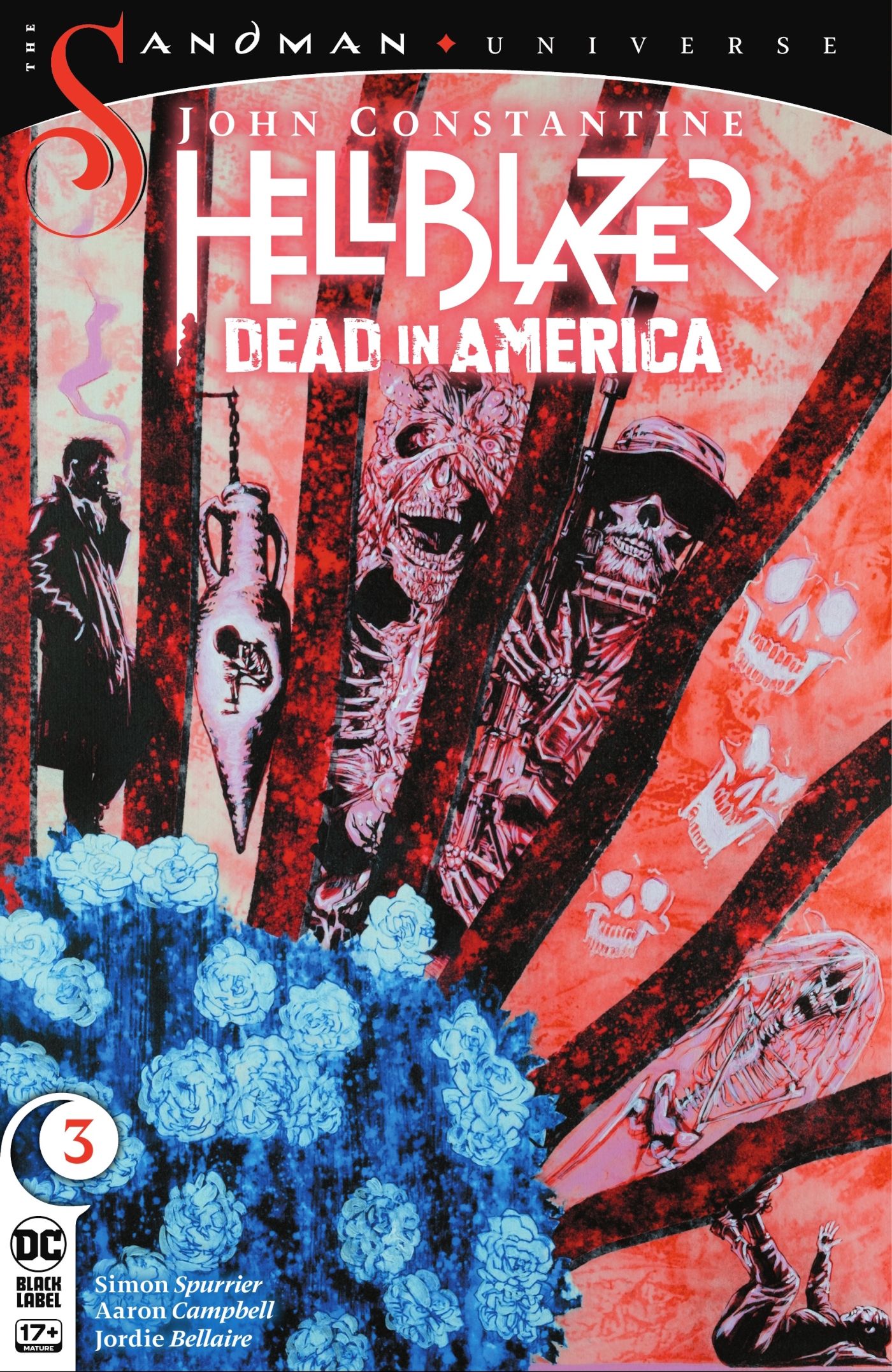 John Constantine Hellblazer Dead in America 3 Main Cover: blue flowers surrounded by corpses.