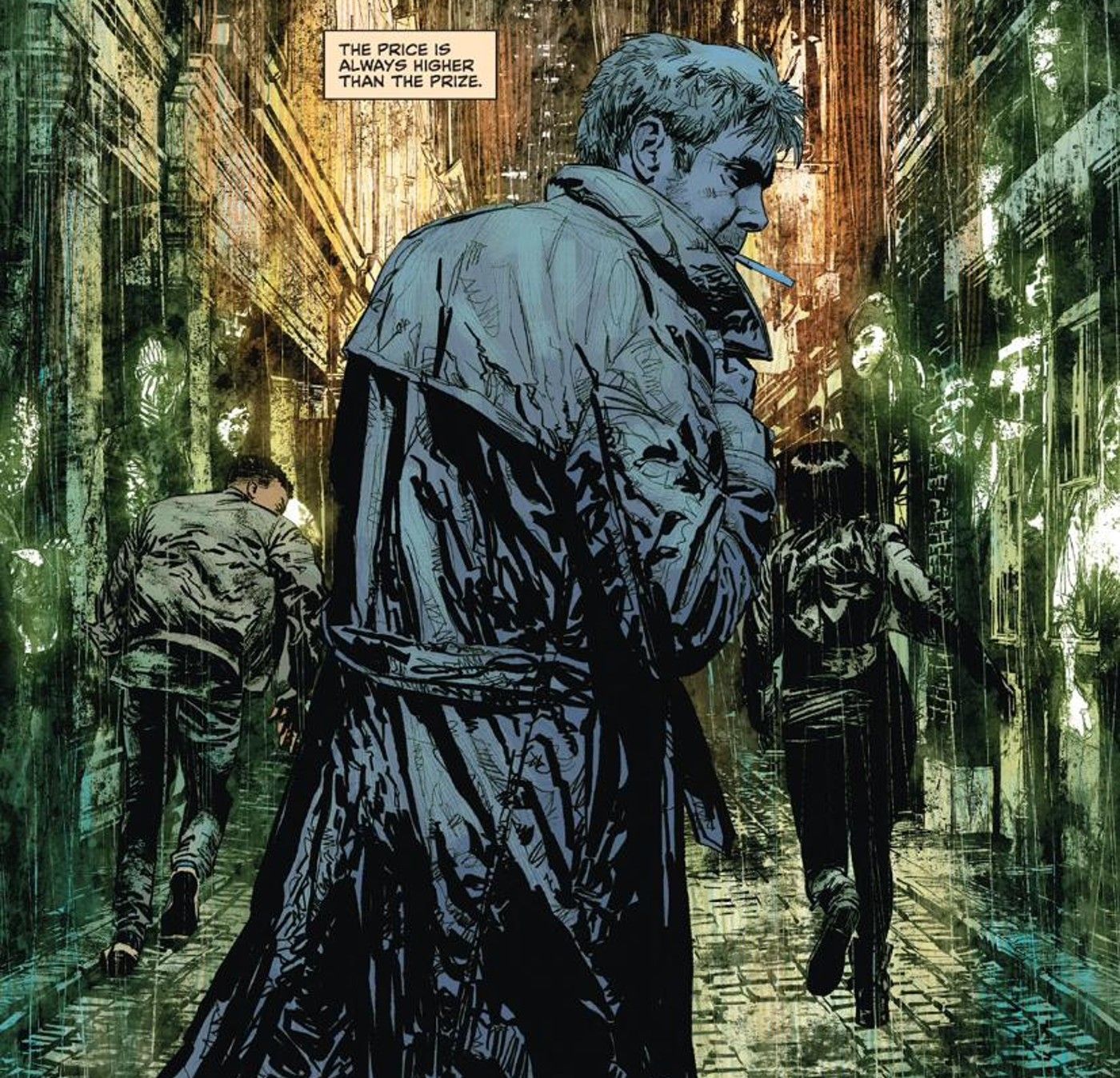 Comic book panel: Constantine in his trench coat looking over his shoulder while smoking.