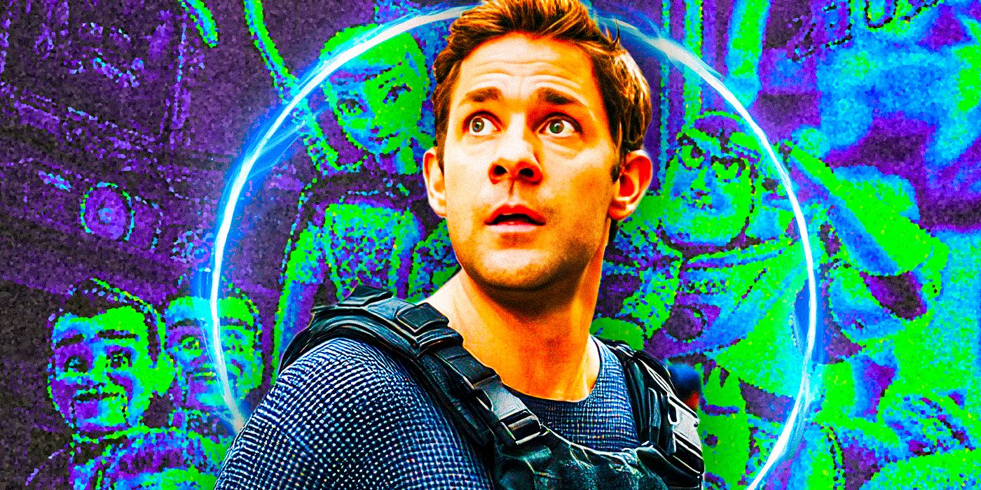 John Krasinski looking up in shock as Jack Ryan above a blurred background of Toy Story 4