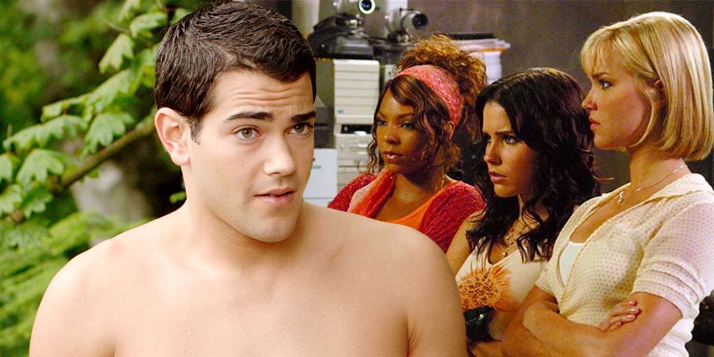 A composite image of John Tucker looking surprised in front of Beth, Carrie, and Heather crossing their arms in John Tucker Must Die