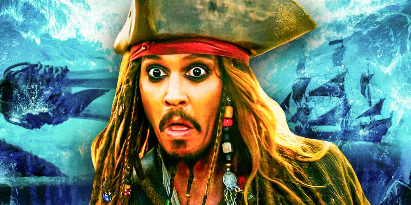 Johnny Depp as Captain Jack Sparrow in Pirates of the Caribbean with water and ships as a background