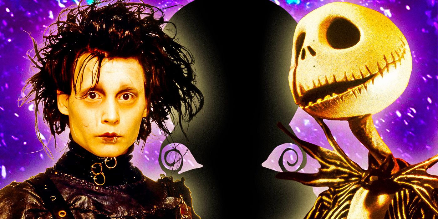 Johnny Depp as Edward Scissorhands the silhouette of a Martian from Mars Attacks and Jack Skellington from Nightmare Before Christmas