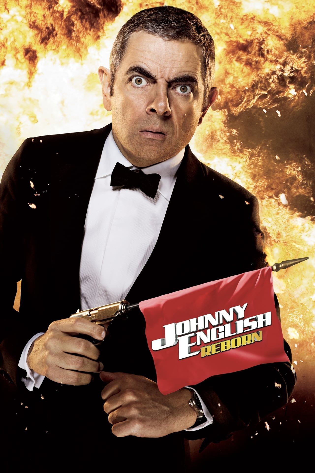 Johnny English Reborn Movie Poster with Rowan Atkinson Holding a Gun in Front of an Explosion