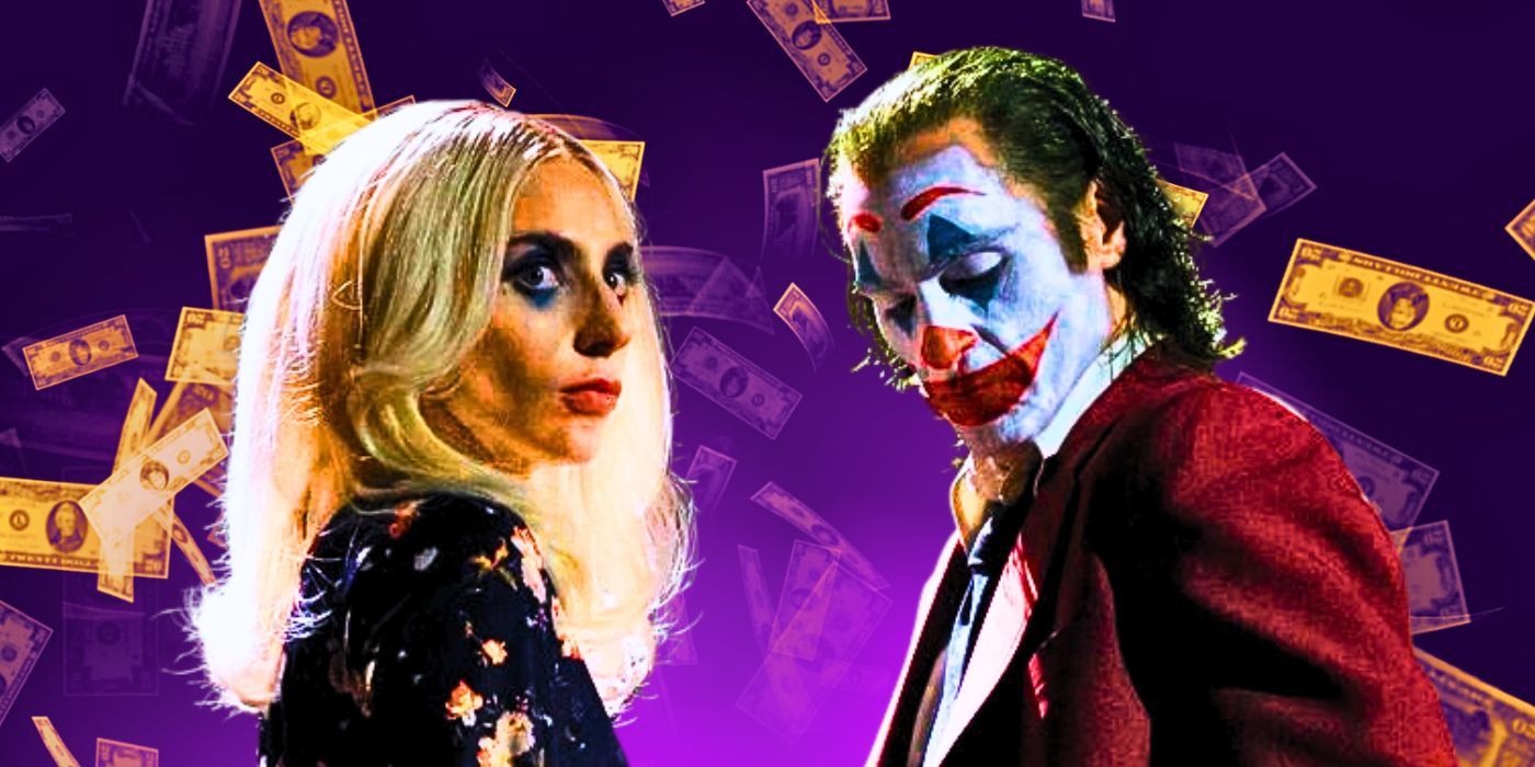 Joaquin Phoenix and Lady Gaga standing next to each other as Harley Quinn and Joker in a set photo from Joker Folie a Deux with notes of American currency floating behind them
