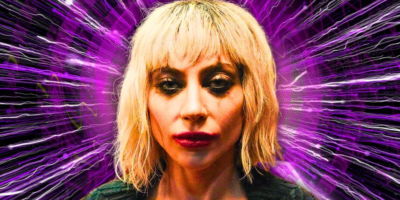 A custom image of Lady Gaga's Harley Quinn in front of an abstract purple background in Joker: Folie  -Deux