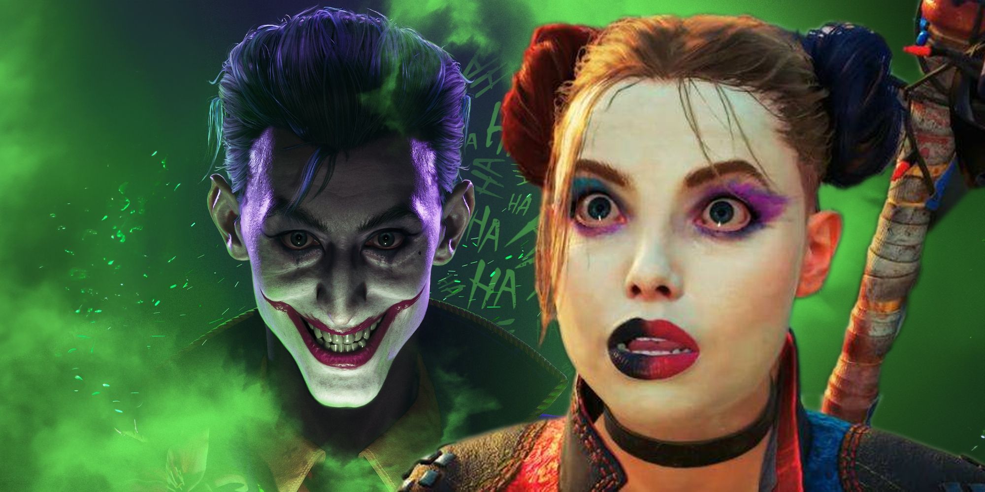 Joker emerging from green gas, with Harley looking shocked