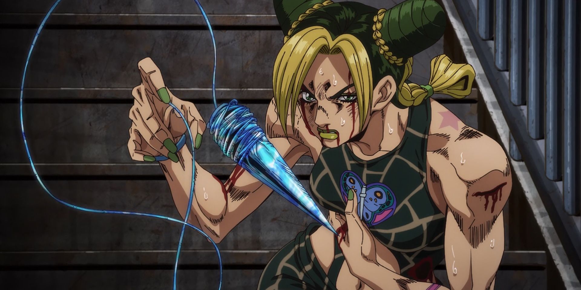 Jolyne Cujoh holds a torso while standing on a metal staircase. Her stand extends a blue thread from her finger that turns into a spike.