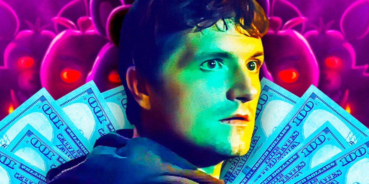 Josh Hutcherson's Mike looking startled in front of money piles and a background from Five Nights at Freddy's