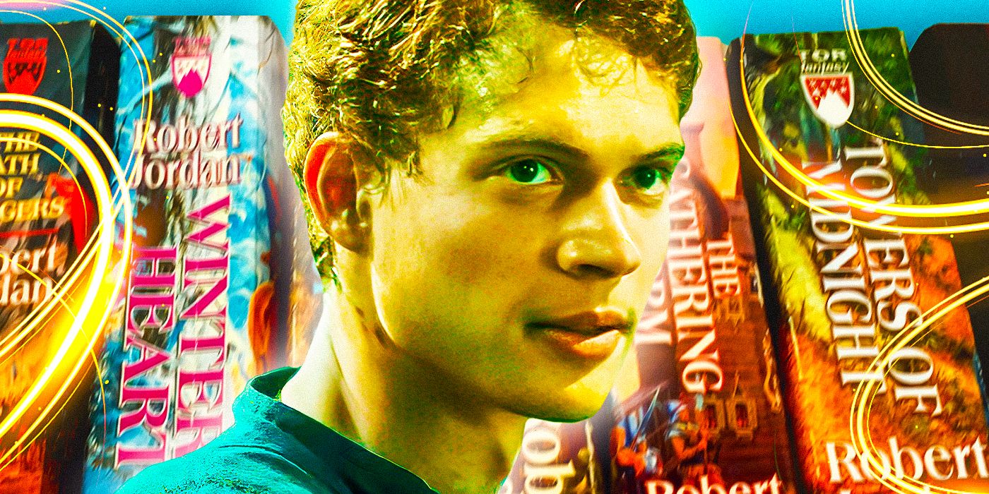 A composite image of Josha Stradowski as Rand al'Thor imposed over the book spines of the Robert Jordan Wheel of Time series
