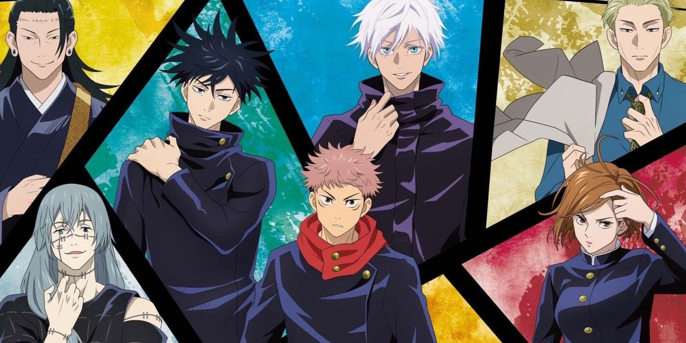 Jujutsu Kaisen cast seemingly getting ready to fight individually while being depicted in colorful diamond-like shapes.